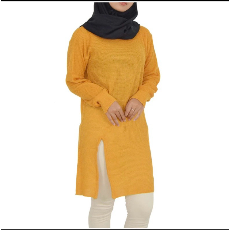 baju rajut tunik lengan panjang belah samping mustard