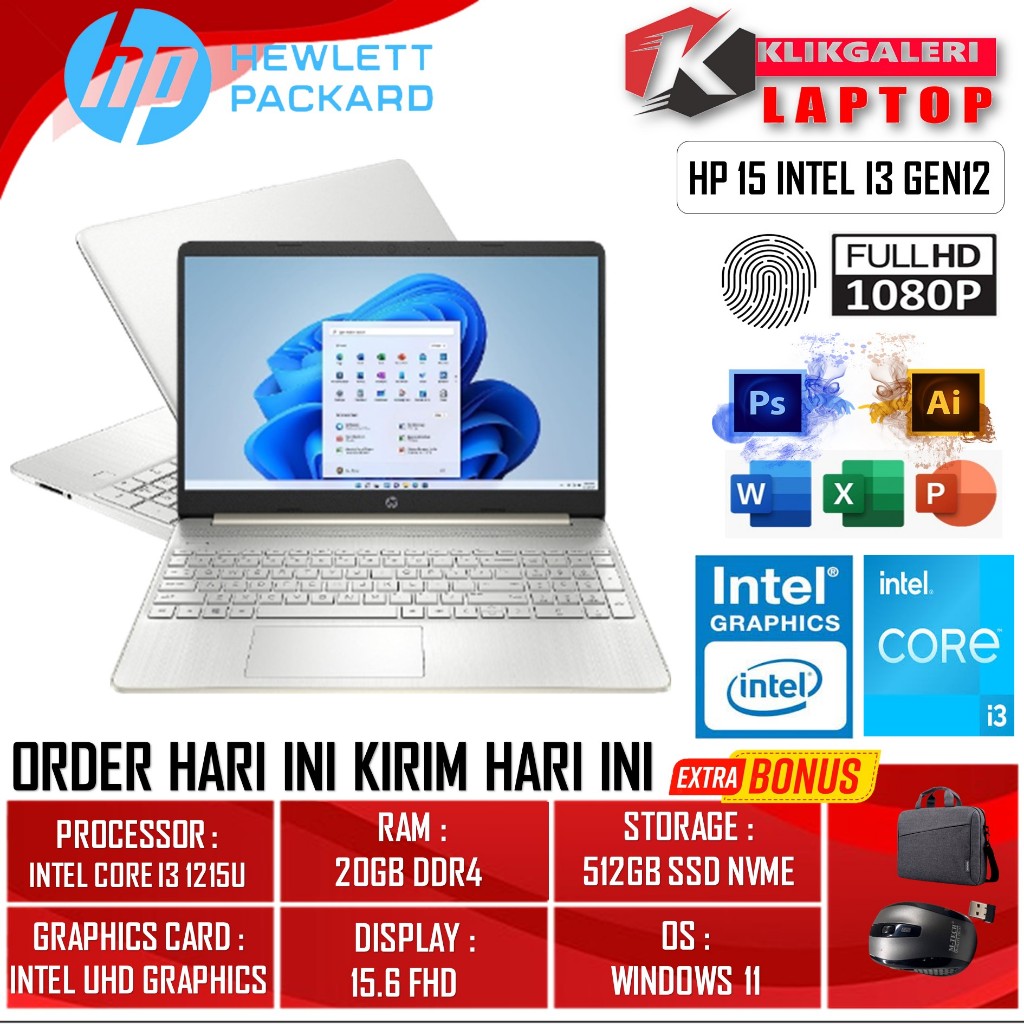 Laptop Murah Baru HP 15 Core I3 1215U Ram 20GB 512GB Ssd FHD Fingerprint Silver