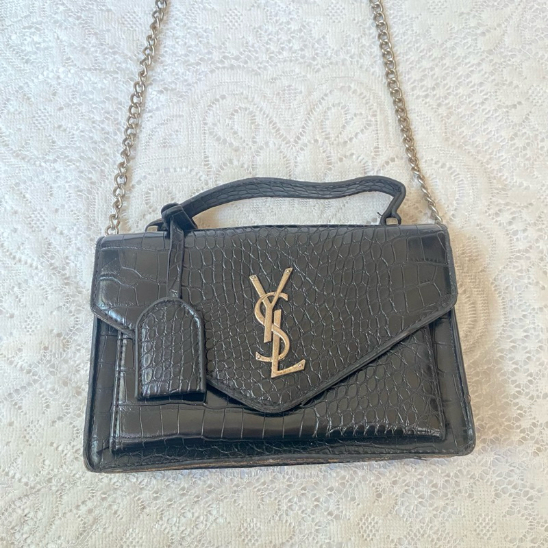 YSL Black Croco Slingbag Preloved Second Tas Pesta Hitam Wanita