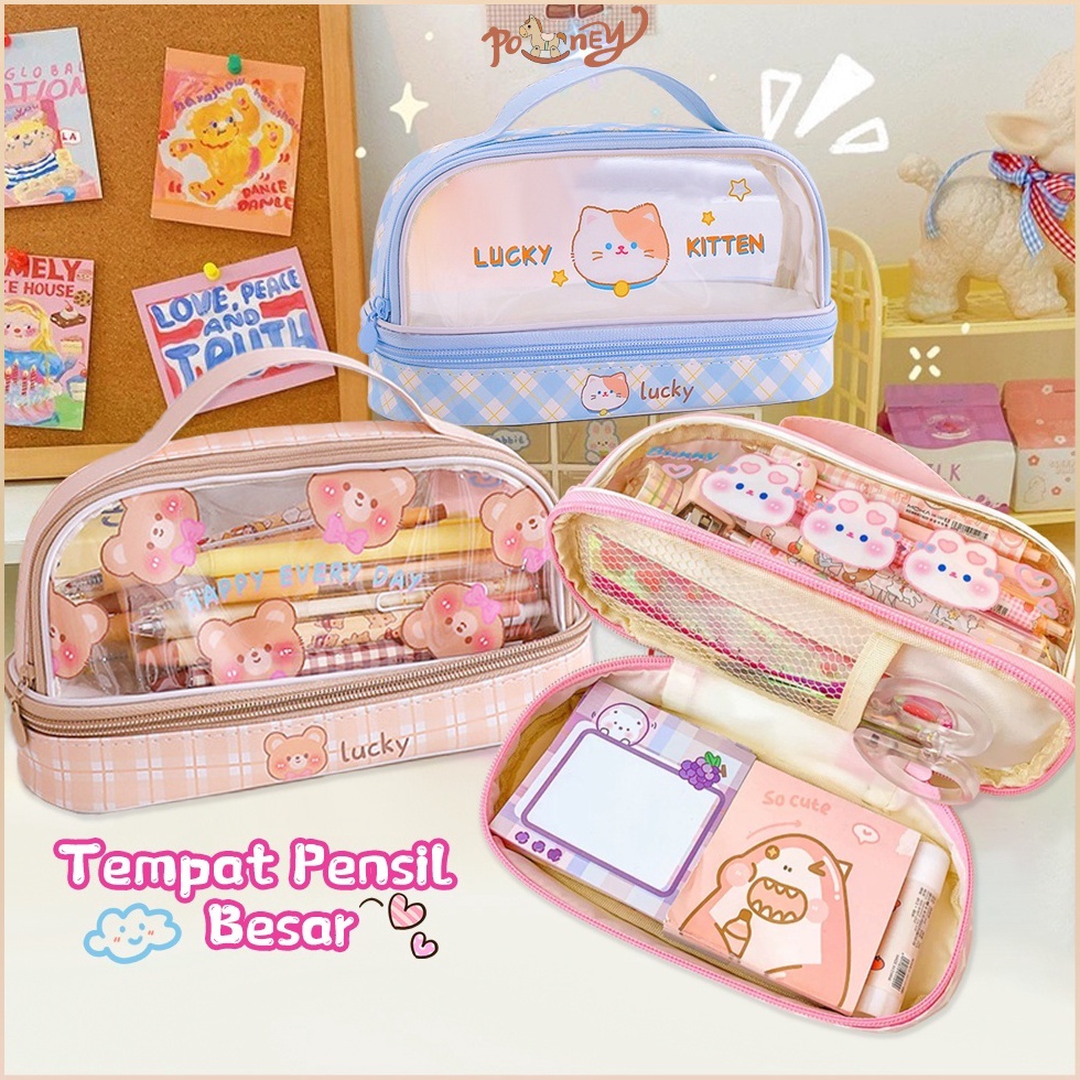 

KODE N18B Poney Tempat pensil anak besar pen case karakter Kotak pensil transparan
