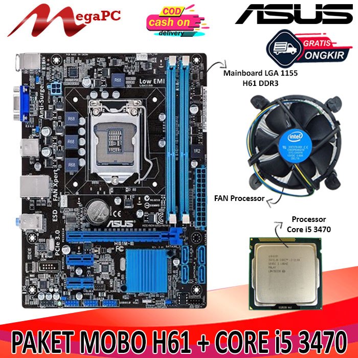 Paket Motherboard LGA 1155 H61 Ddr3 + Processor Core i5 3470 + FAN