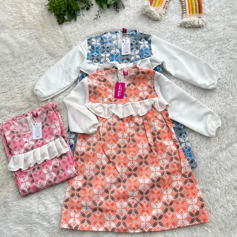 ESTHER TUNIK BATIK ANAK STELLA BIRU ORENS PINK KOMBINASI POLOS COCOK SERAGAM BATIK SEKOLAH