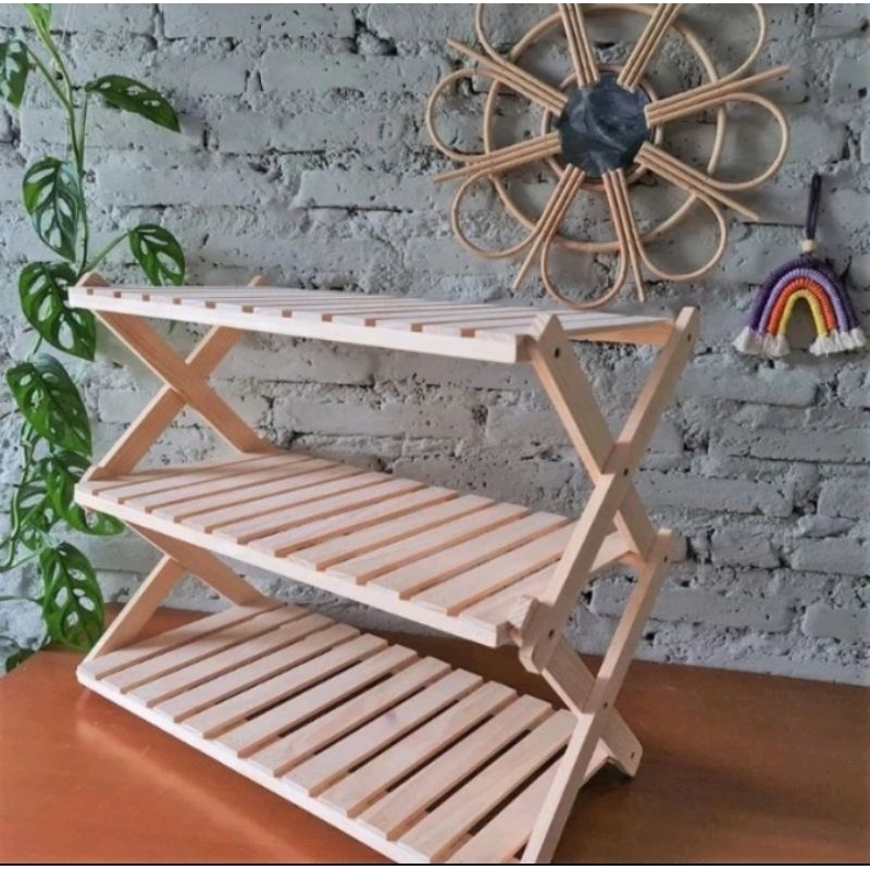 RAK SEPATU 3 SUSUN KAYU ZIGZAG TEMPAT SEPATU LIPAT SERBAGUNA RAK POT MINIMALIS