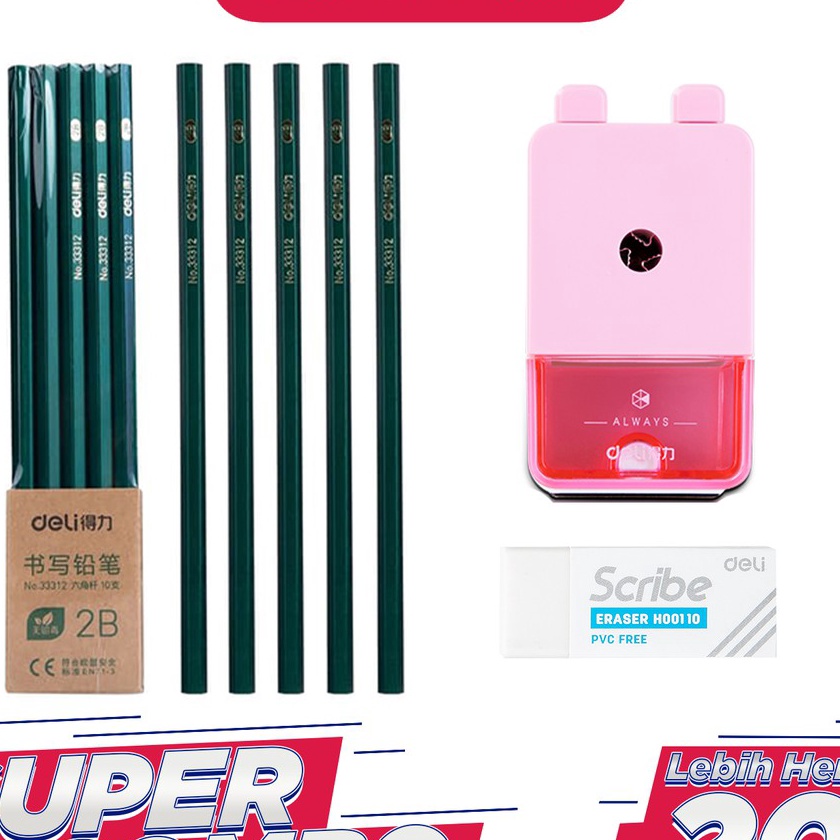 

KP8 Deli Combo Set 2 1pcs Pensil 2B 3pcs Penghapus Rautan Putar