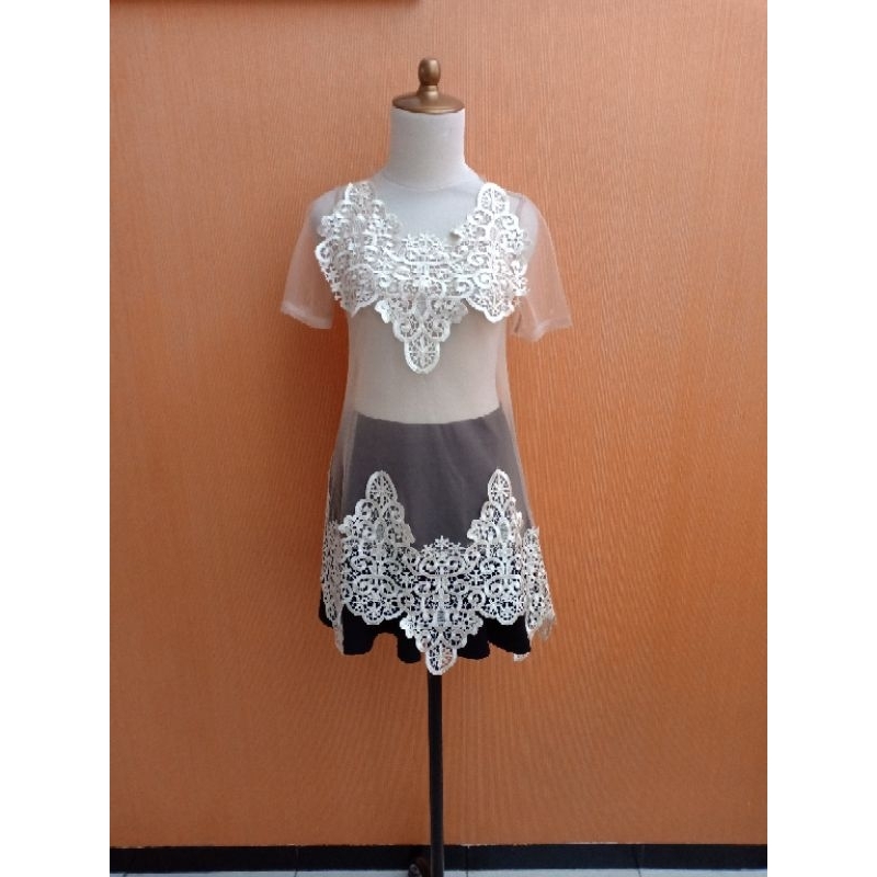 atasan tile wanita kebaya cream putih M cewek lengan pendek blouse cute MEWAH brokat