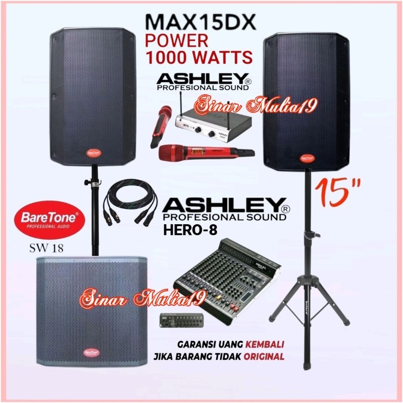 Paket Sound System Outdoor Speaker Aktif BareTone MAX15DX Subwoofer 18 Inch BareTone SW18 Mixer Ashl