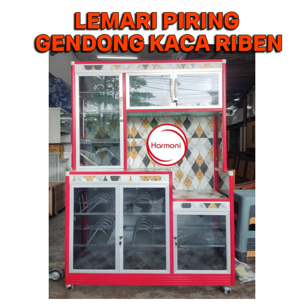 LEMARI PIRING JUMBO ALUMUNIUM KACA RODA RAK PIRING ALUMUNIUM KACA RODA