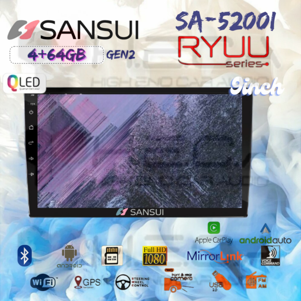 SANSUI RYUU QLED Gen2 4/64 GB Android G2 9" Inch SA-5200I Head Unit Tape TV Mobil Double din
