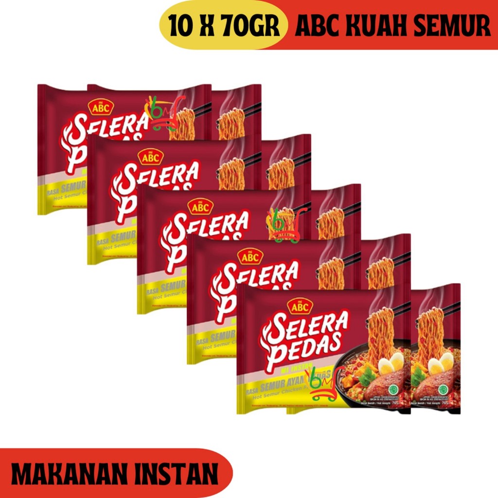 10PCS Mi ABC Semur Ayam Selera Pedas Mi Instan Kuah Pedas