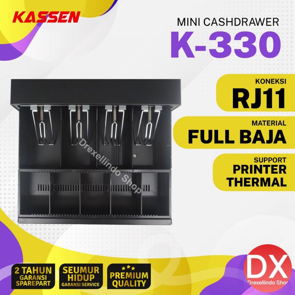 Cash Drawer Laci Kasir Kassen K-330Br / K-330 / K330Br Black 5 Coins 4 Bill Rj11