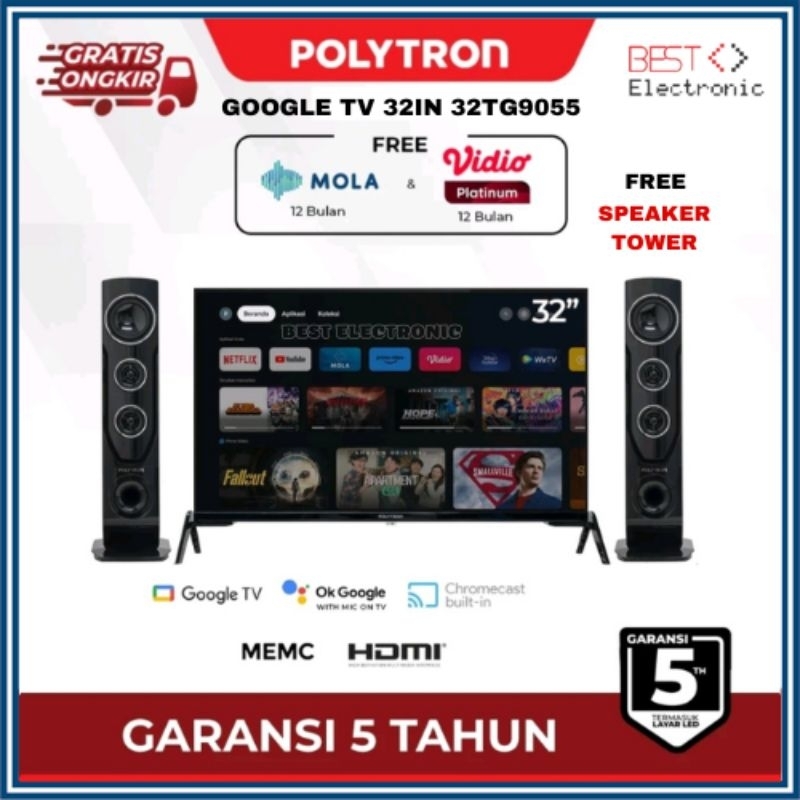 POLYTRON Smart Google TV LED 32 inch Tower Speaker PLD 32TG5055 / 32TG9055