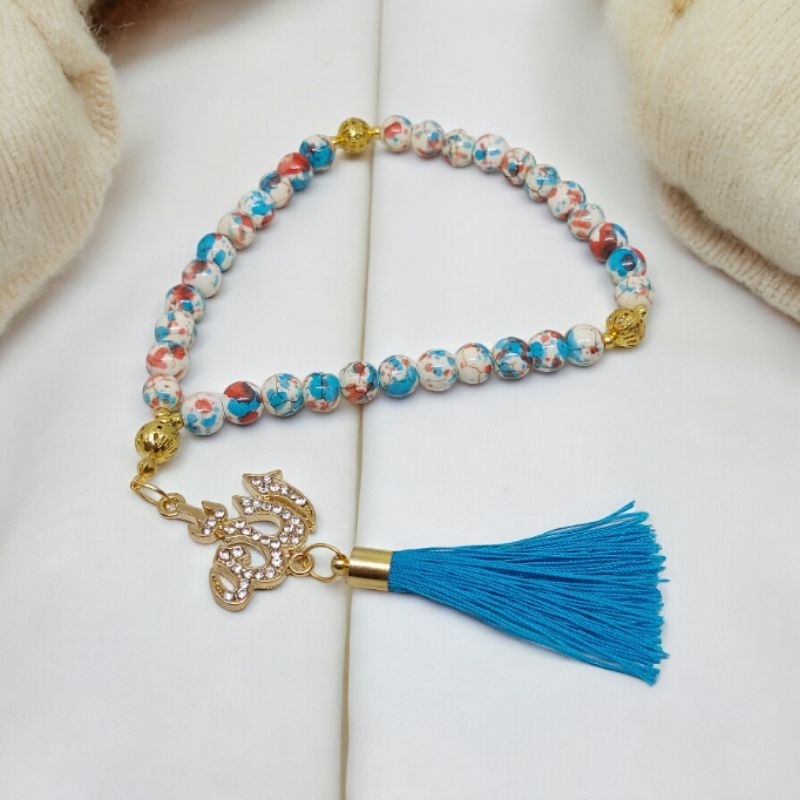 TASBIH BATU PIRUS NEVADA BIRU MULTI WARNA+LAFADZ ALLAH 33 BUTIR 8MM GOOD QUALTY