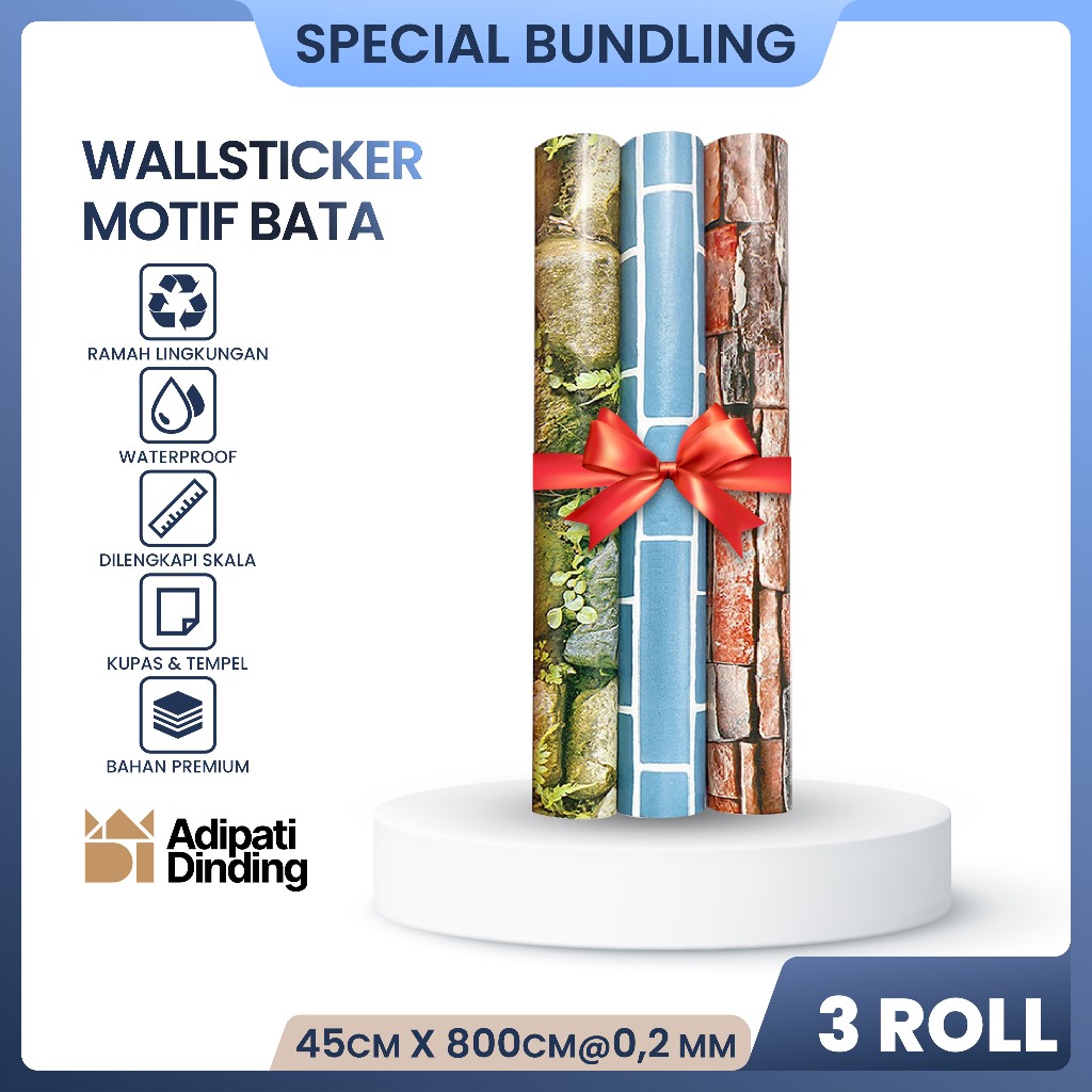 BUNDLE  PAKET 3 ROLL/PCS WALLPAPER DINDING MOTIF BATA DAN BATU ALL VARIANT UKURAN PER ROLL 45CM X 7,