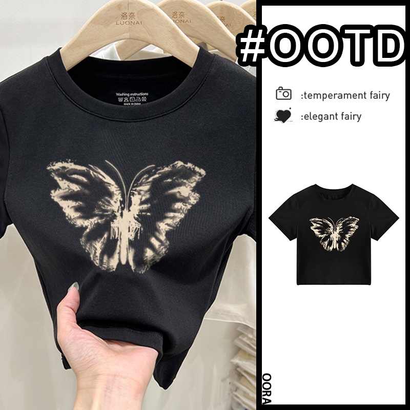 OORA Kaos crop wanita korea Kaos pendek bermotif kupu-kupu baju atasan wanita terbaru/atasan wanita 