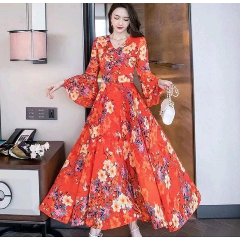 Gaun bunga sifon model baru 2024/dress sifon/dress motif bunga