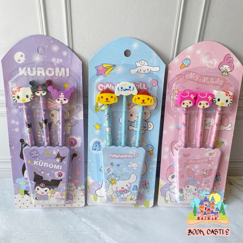 

Set pensil sanrio kuromi melody cinamoroll with eraser topper