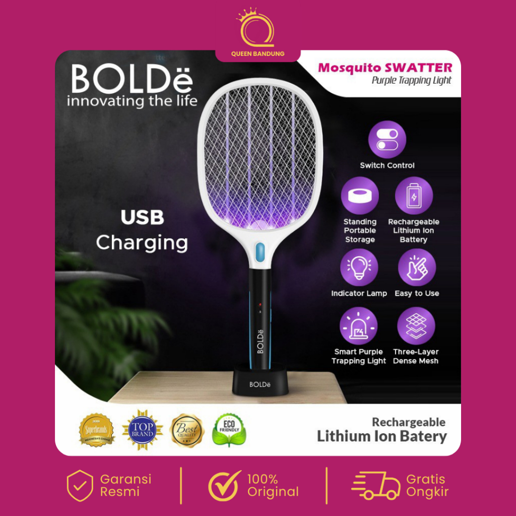 BOLDe Super Swatter Purple Light Raket Nyamuk Mosquito Swatter