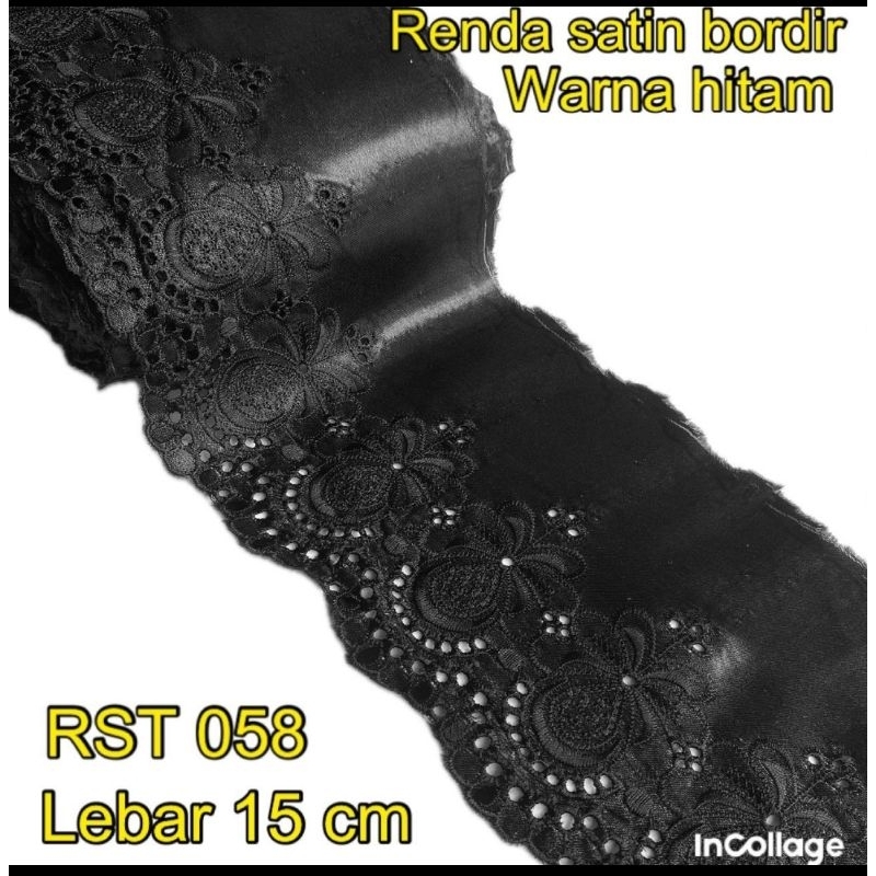 PER METER RENDA SATIN BORDIR WARNA HITAM LEBAR 15 CM