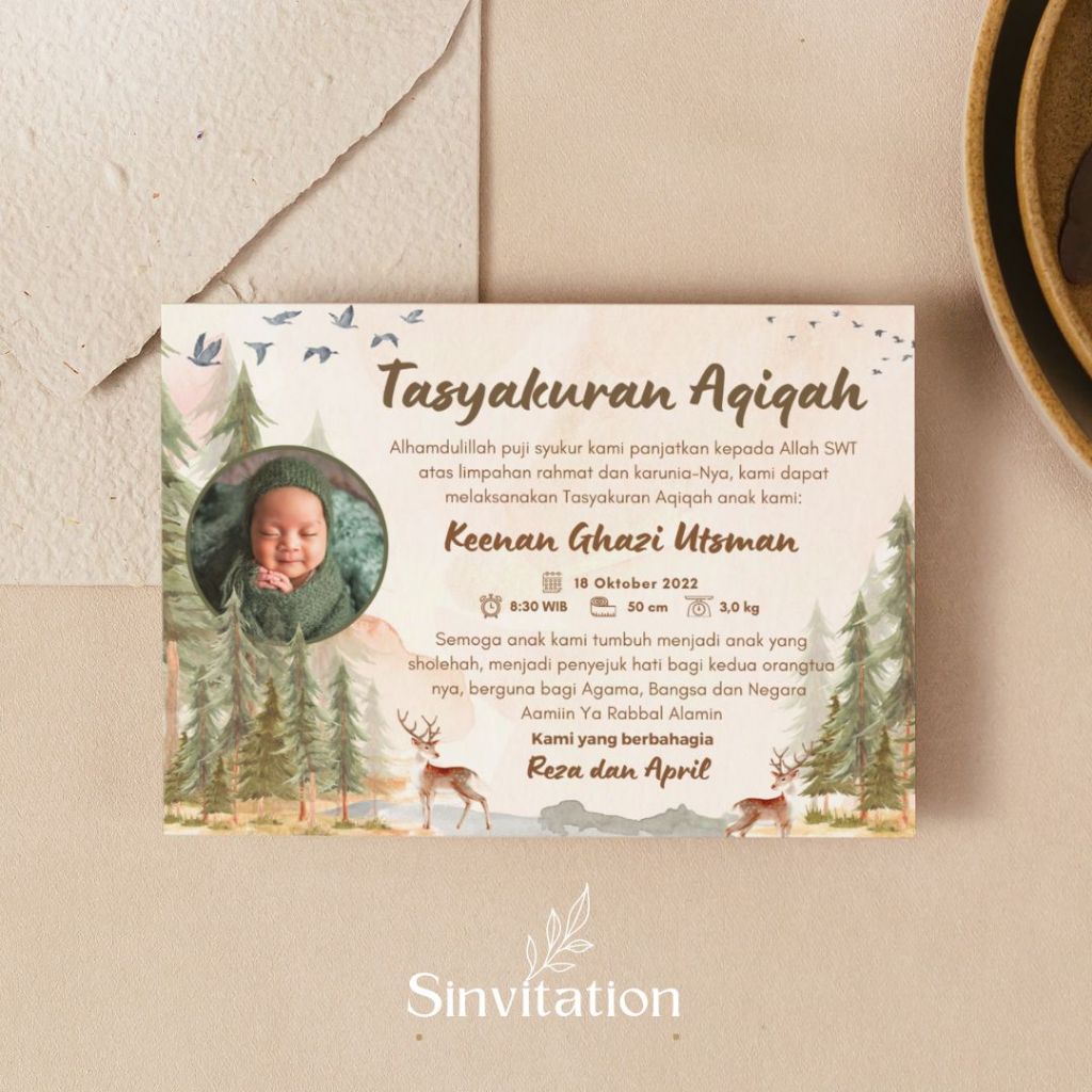 

Cetak Kartu/Stiker Tasyakuran Aqiqah, Tedak Siten, Kelahiran, Selapan, Sinvitation A3