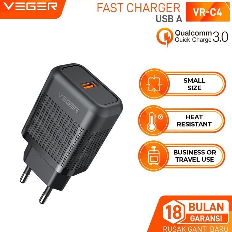 Diskon  Charger VEGER VRC4 Qualcomm QUICK CHARGE 3 support fast charging ORIGINAL with cable micro u