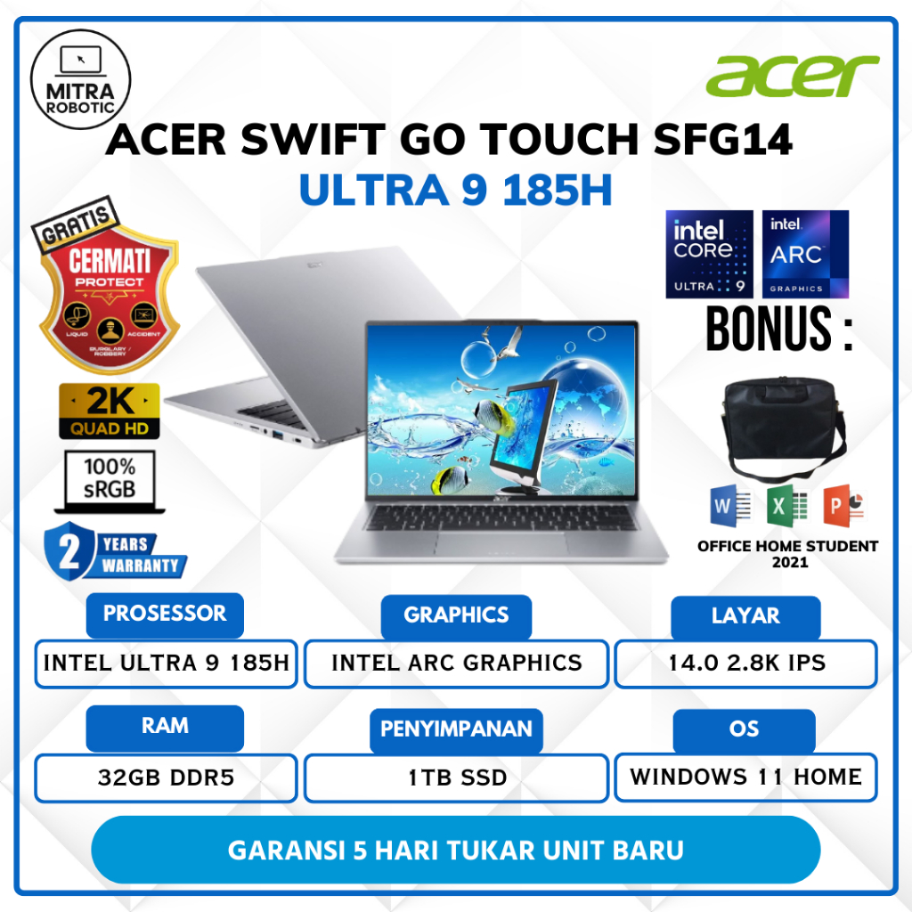 Laptop ACER Swift Go SFG14 Intel Ultra 9 185H 32GB 1TB Win 11+OHS 14.0 2.8K 100SRGB EVO Touchscreen