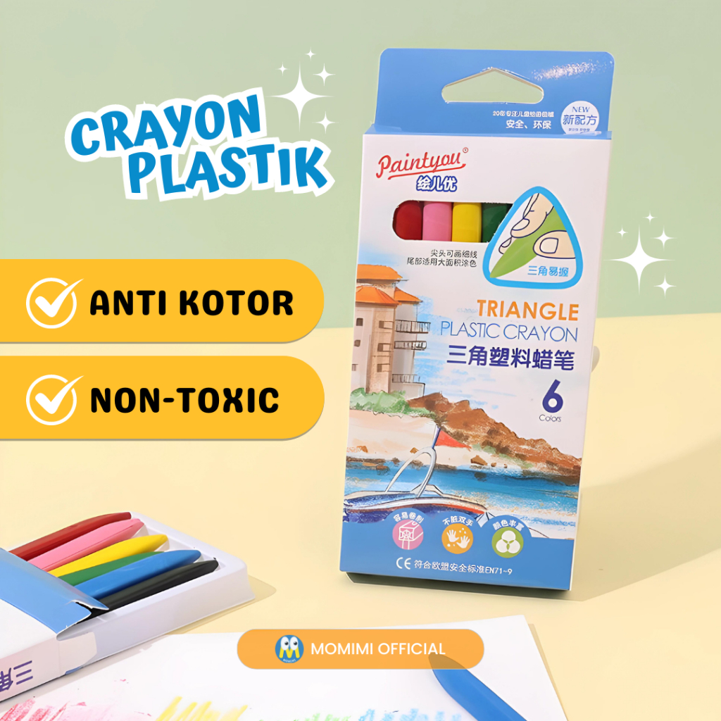 

Krayon Plastik 6 Warna Anti Kotor Anti Lengket / Plastic Crayon Triangle Non Toxic Belajar Mewarnai