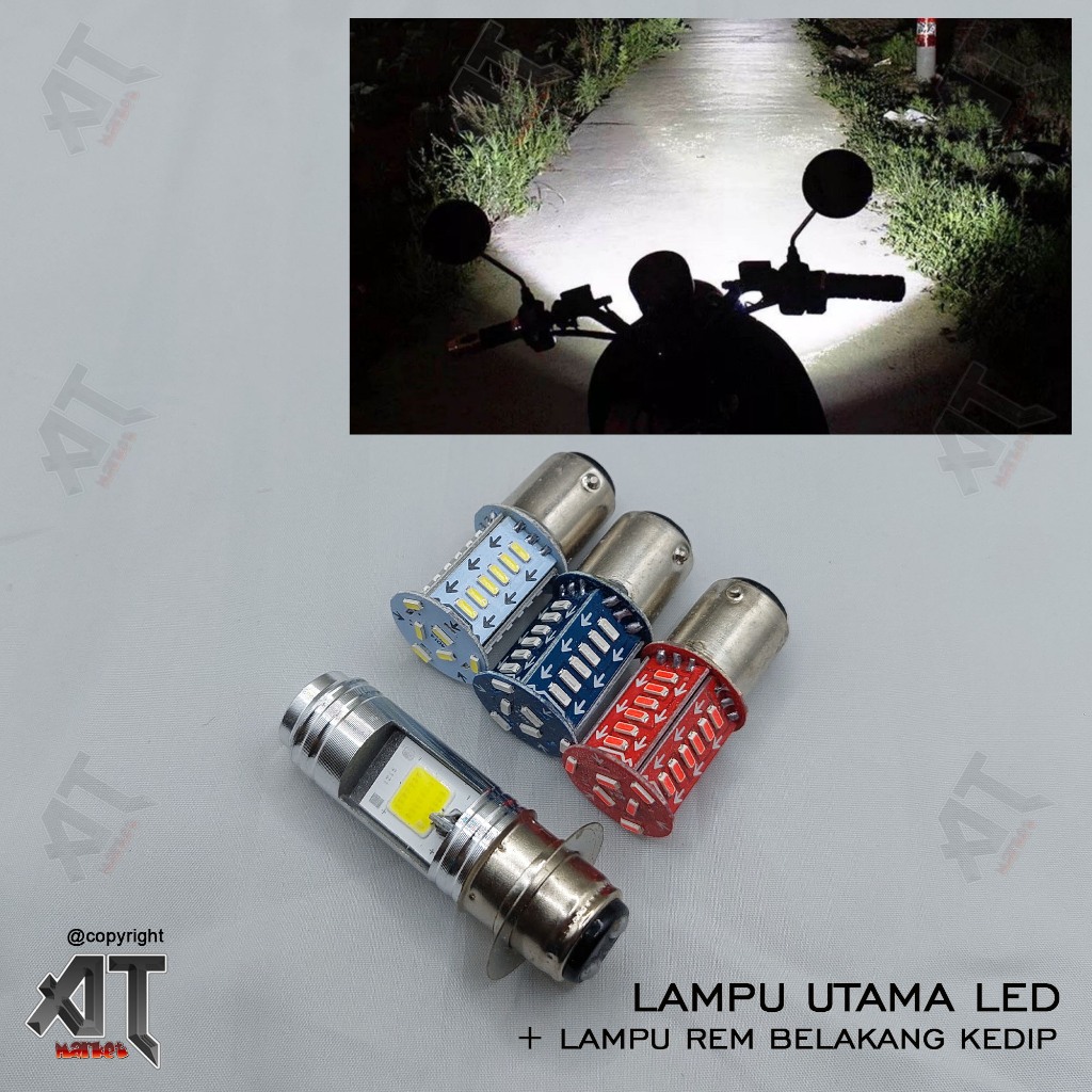 lampu led motor depan + lampu rem stop belakang kedip 1set