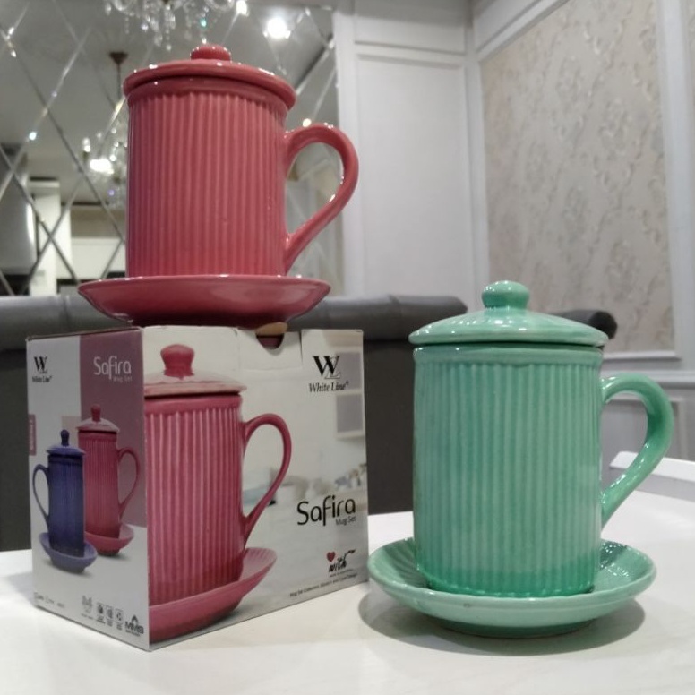 KODE C44Z Mug Keramik Tutup Safira Set  Mug Tatakan dan Tutup