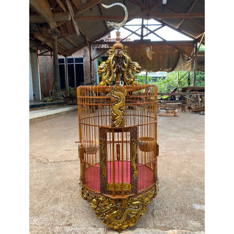Sangkar burung Anis merah kayu Jati Full ukir Naga