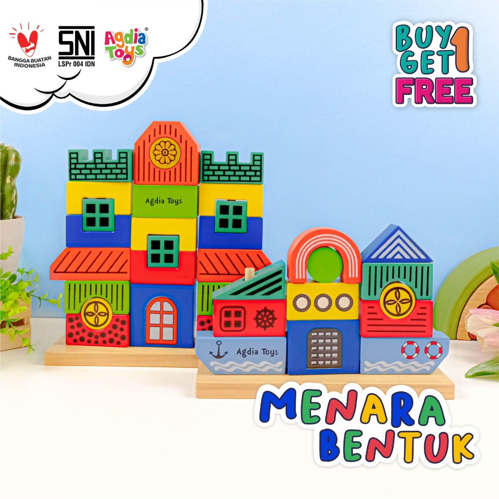 EKSKLUSIF BUY 1 GET 1 | FREE 1 puzzle Anak / Mainan Edukasi Kayu / Menyusun Menara Bentuk / Agdia To