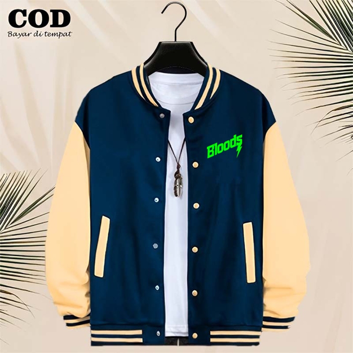 BISA COD Jaket Bomber Varsity Baseball Kancing Bloods Text Neon Jaket Varsity Pria / Baseball Distro