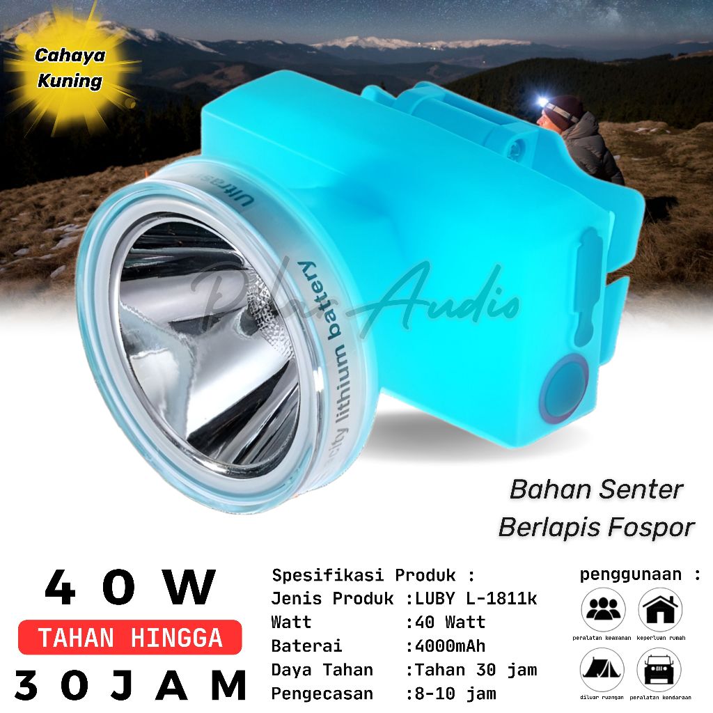 LUBY Senter Kepala Selam L-1811K 40 Watt - 4000 mAh 3 Mode Cahaya Headlamp Anti Air Free Kacamata Re