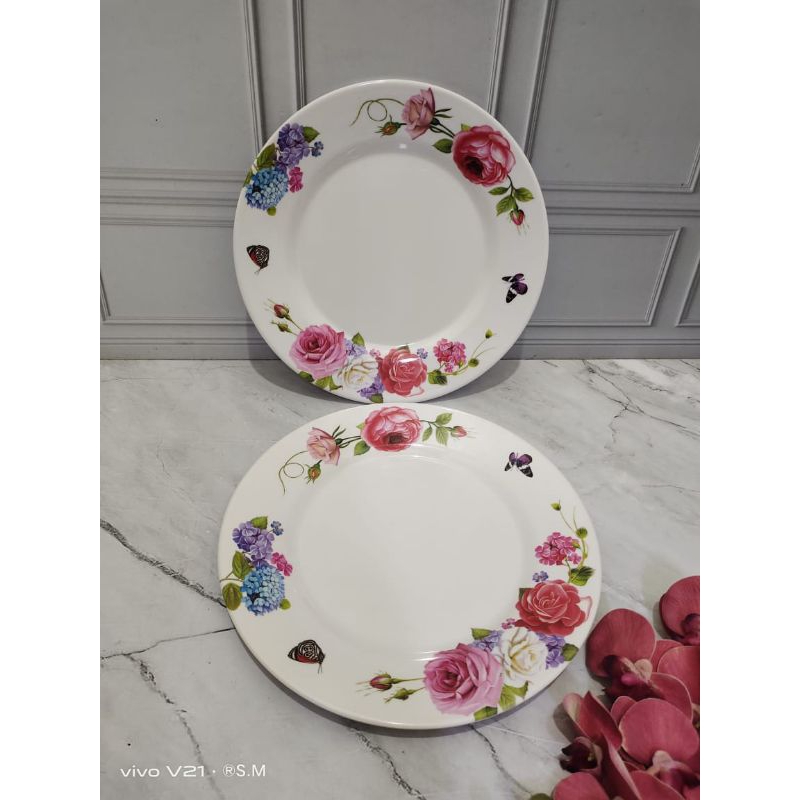 Piring melamin segi putih motif bunga & daun