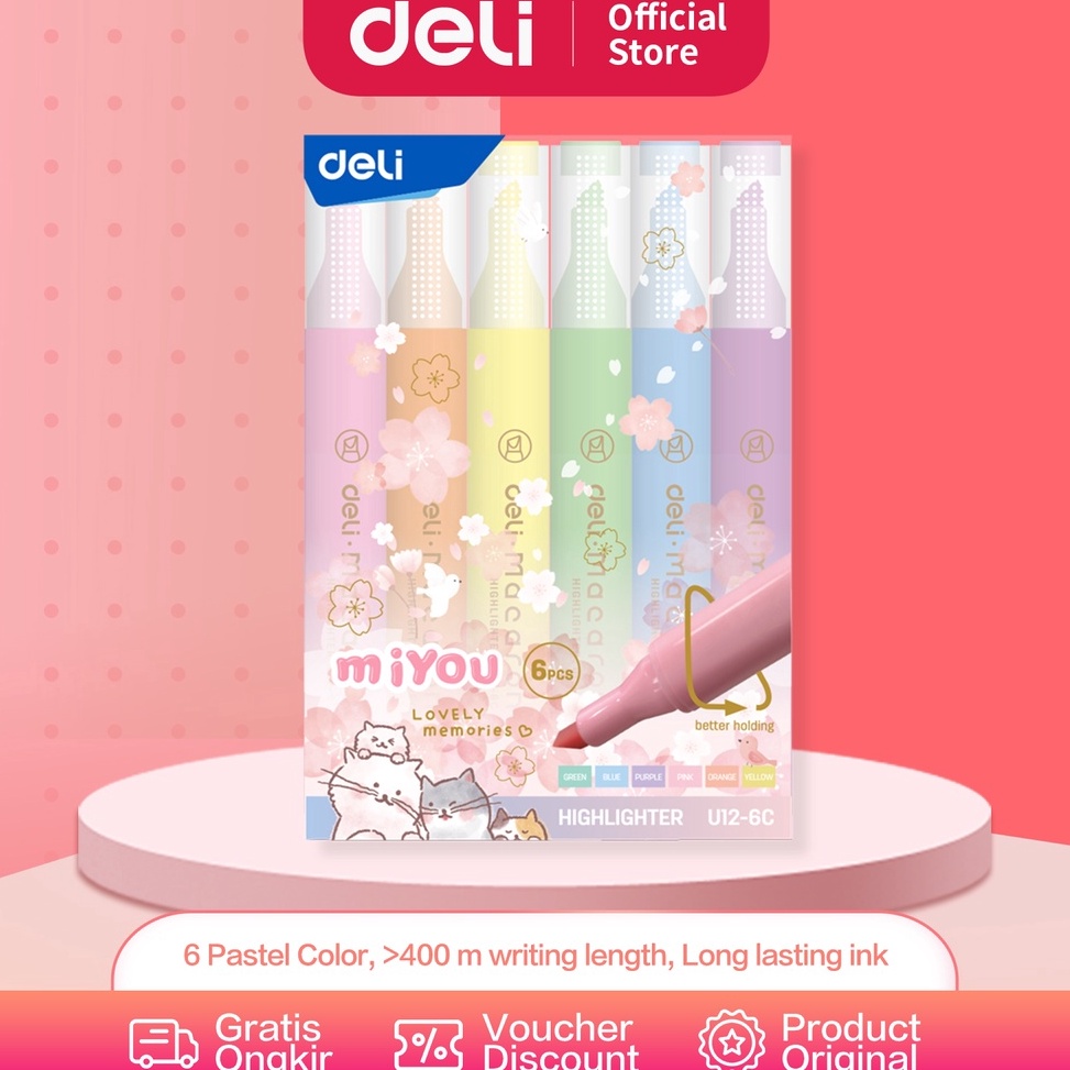 

KODE 7NSZ Deli Highlighter Penanda Warna Pastel 1 Set Isi 6 Warna Cerah dan Soft Kemasan Mika Lucu EU126C