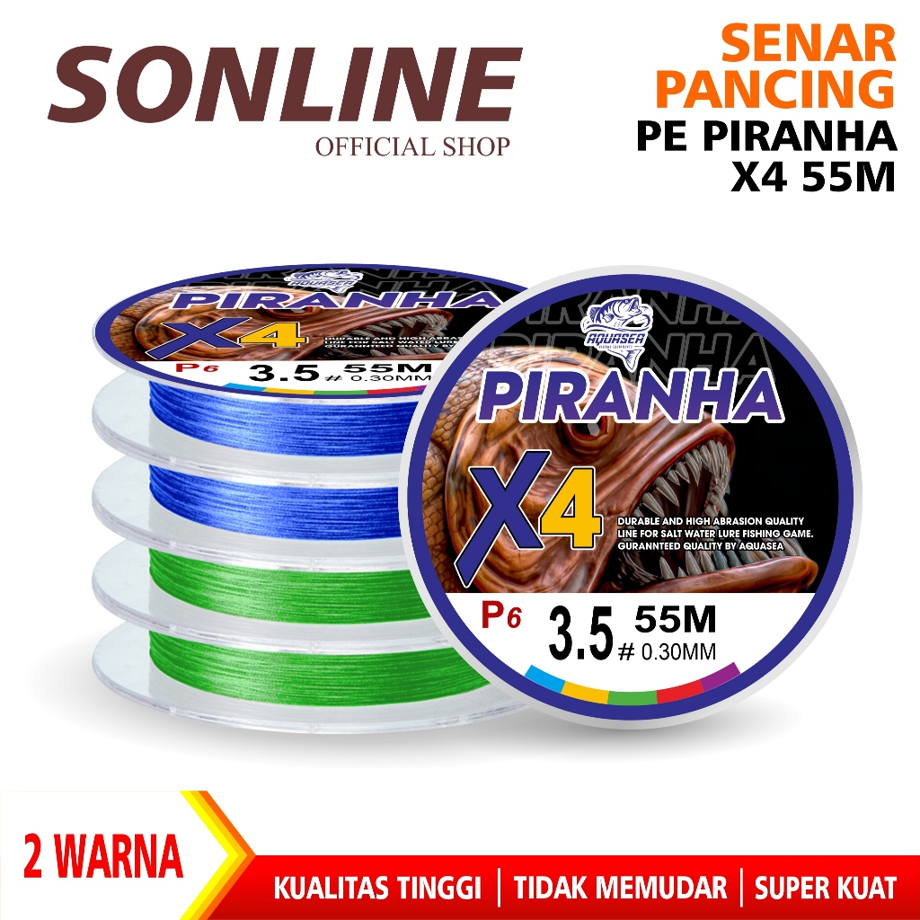 SONLINE-Senar Pancing PE X4 Piranha 55m Warna Biru & Hijau Jepang Senar Pancing P6 Super Kuat PE