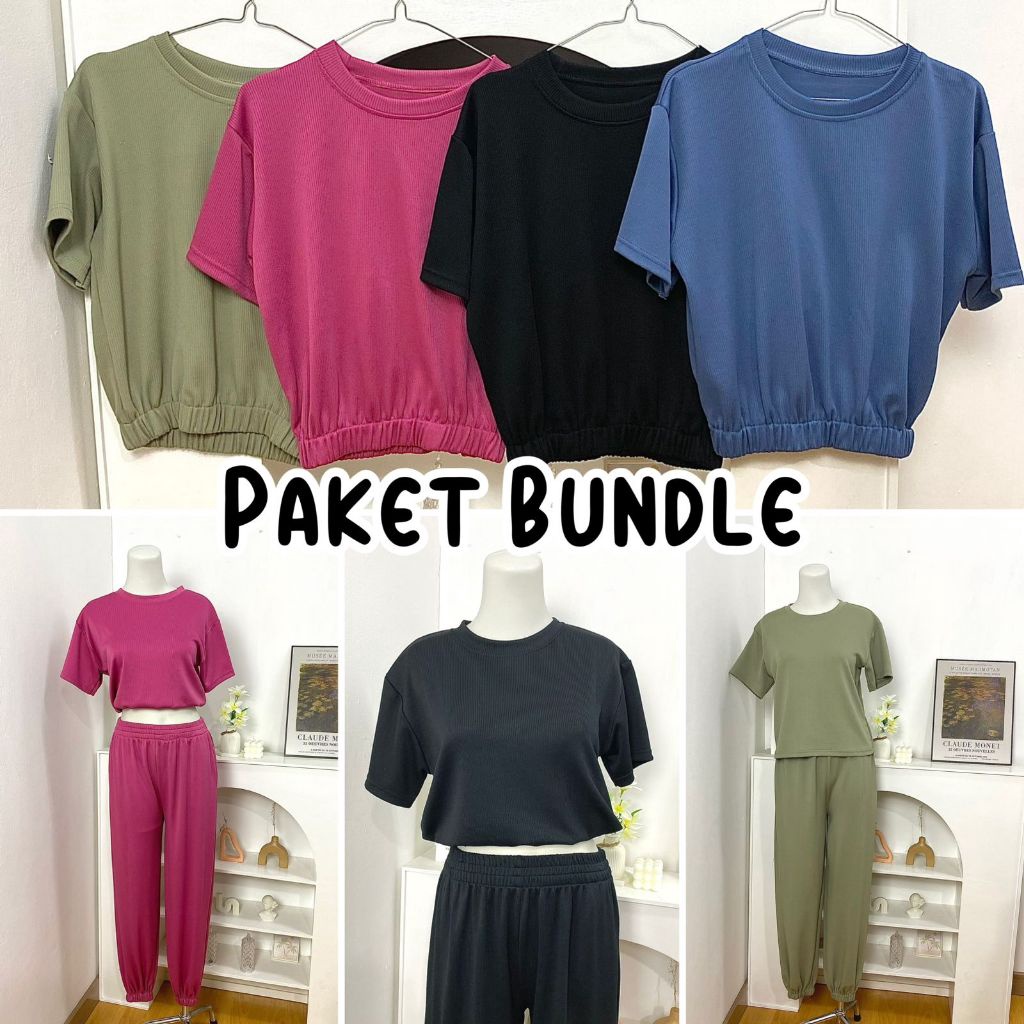 UPGRADE Paket Bundle Set Jogger Crop Top Rib Knit Atasan Wanita Paket Usaha Hemat