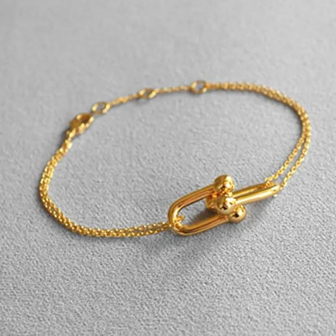K23- Gelang Ring Wanita/Pria Motif Rantai 2 Layer Lapis Emas18k Titanium Anti Karat