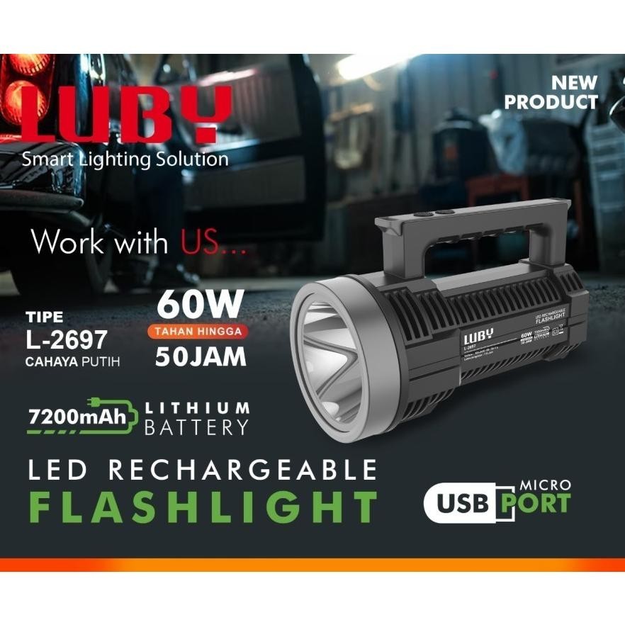 Senter Tangan Super Terang Led 60 Watt Luby L-2697 led Rechargeable Flastlight Battery 7200mAh lithi