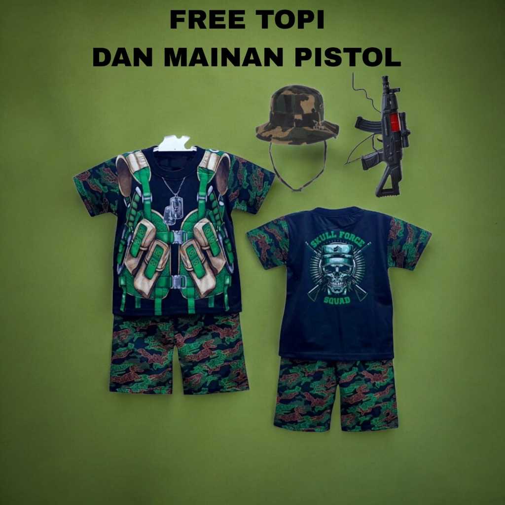 SETELAN BAJU ANAK ARMY TENTARA FREE TOPI DAN MAINAN UNTUK ANAK 2-10 TAHUN