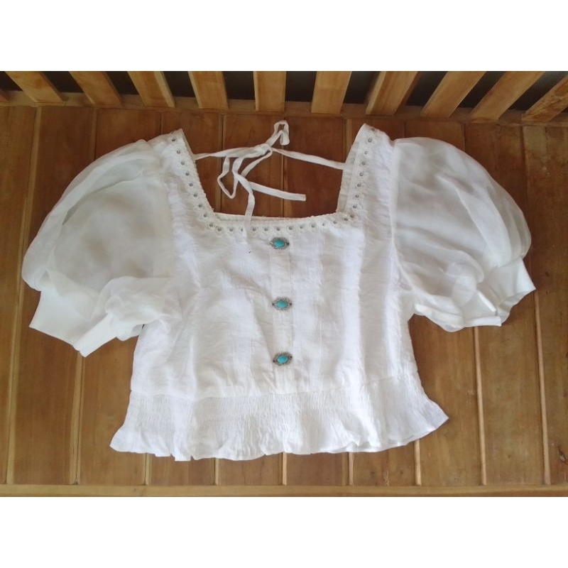 CROP TOP ATASAN CROP PUTIH LENGAN BALON ORGANZA