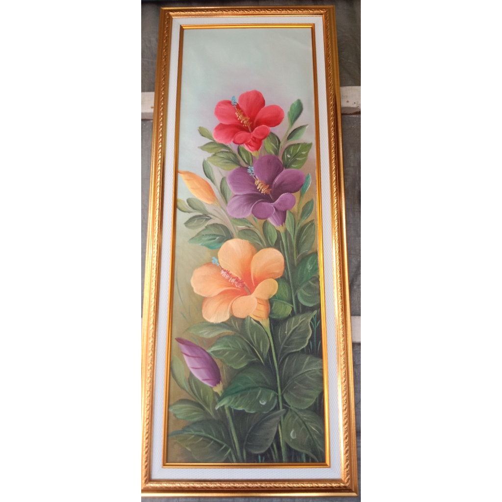 Lukisan Bunga Sepatu Buatan Lokal diatas Kanvas Ukuran 30x90