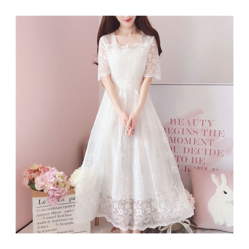 Dress putih wanita model cantik Korea lengan pendek