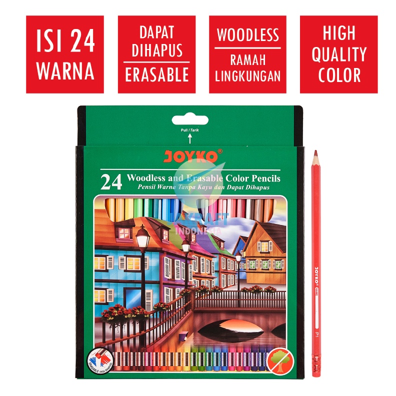 

SERENTAK 24 Pcs Pensil Warna 24 Warna Panjang Bisa Dihapus JOYKO Erasable Color Pencil CP115 High Quality