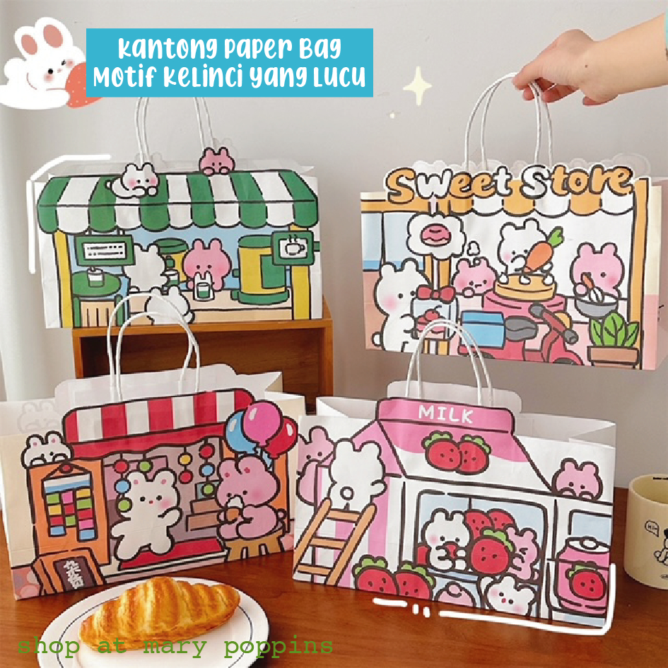 

Paper Bag Tas Kantong Kertas Kemasan Goodie Bag Motif Cute Bunny Karakter Kartun Kelinci Lucu Theme Store