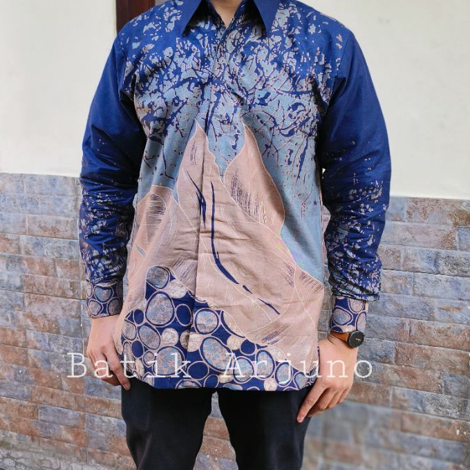 KI3 kemeja baju batik pria lapis furing ekslusive lengan panjang Daun Abstrak Navy Nude