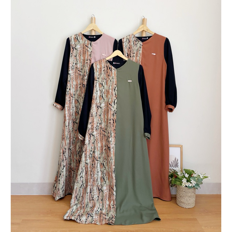 HIJABNANA - Gamis kombinasi polos dan motif busui friendly