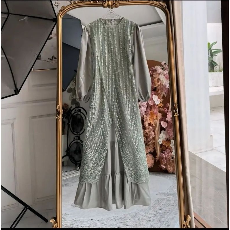 Olivia Dress Polos Aplikasi Burkat Tile Mewah GAMIS KONDANGAN Remaja Kekinian Bahan Velvet Silk Mix 