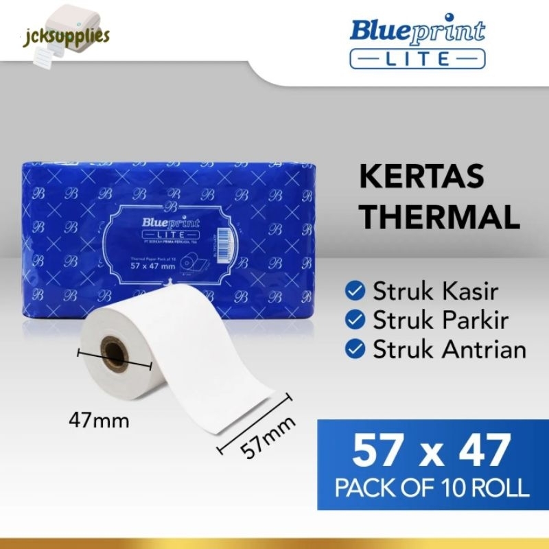 

Kertas Thermal / Kertas Kasir / Kertas Struk BLUEPRINT Lite 57x47 mm - 1 Pck Isi 10 Roll