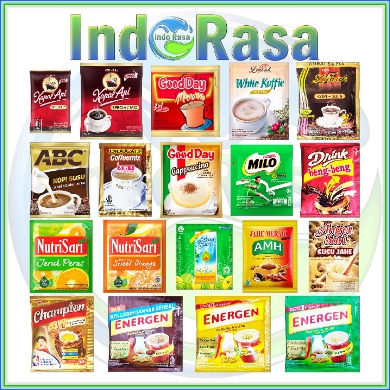 

Aneka Minuman Sachet Kopi Kapal Api Good Day Luwak Indocafe ABC Susu Milo Nutrisari Jahe Tea Jus Energen