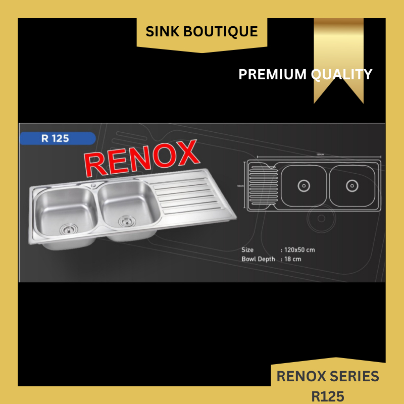 Premium Renox R 120 Kitchen Sink 2 Lubang Meja Samping Bak Cuci Piring 2 Lubang